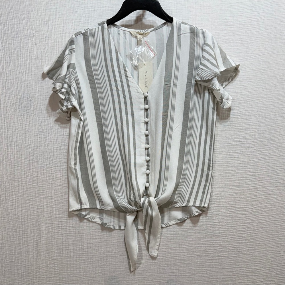 Sim‎ & Sam Striped Front Tie Blouse Womens Medium Grey White Flutter Sleeve Boho